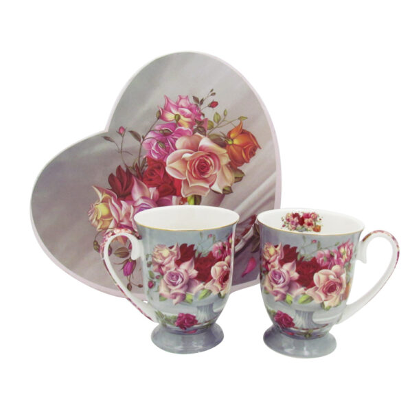 Elegant Kitchen Tea Coffee Serenity Rose Mugs Cups Set of 2 Heart Box