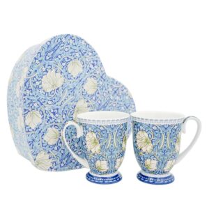 Elegant Kitchen Tea Coffee William Morris Blue Mugs Cups Set of 2 Heart Box
