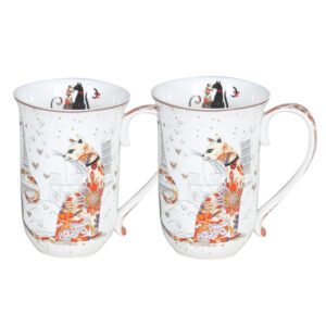 Elegant Kitchen 405mm Tea Coffee Mugs Embossed Cat Set of 2