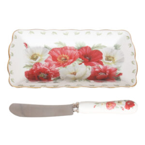 Elegant Kitchen Cheese Plate with Knife White Poppies Set
