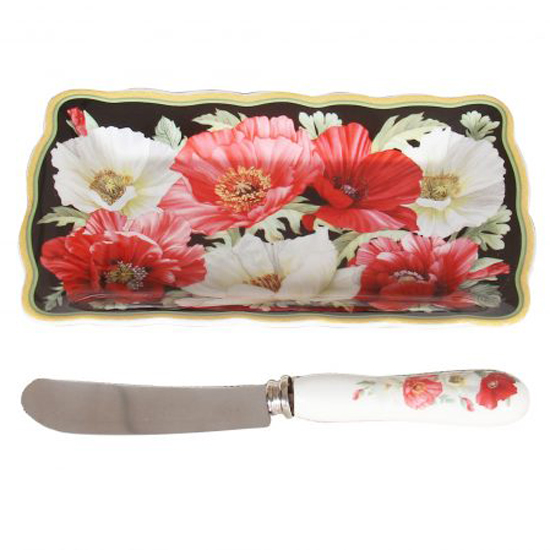 Elegant Kitchen Cheese Plate with Knife Black Poppies Set