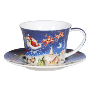 Elegant Kitchen Christmas Tea Cup and Saucer Set Santa Blue China