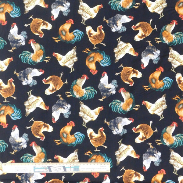 Quilting Patchwork Sewing Fabric Roosters on Black Allover 50x55cm FQ