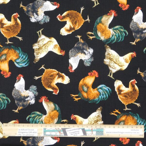 Quilting Patchwork Sewing Fabric Roosters on Black Allover 50x55cm FQ