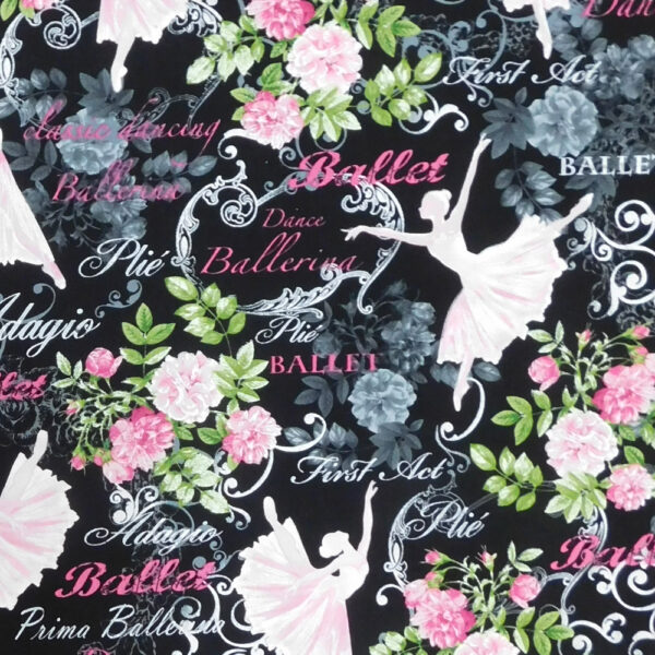 Quilting Patchwork Sewing Fabric Ballerina Black Floral 50x55cm FQ
