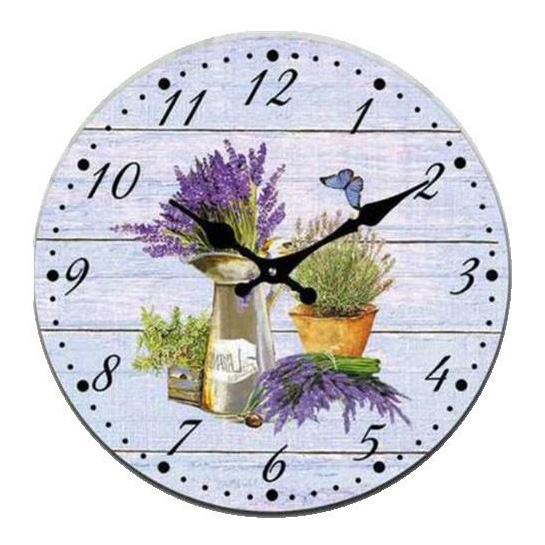 French Country Glass Wall Clock Small 17cm Lavender Jug and Hat