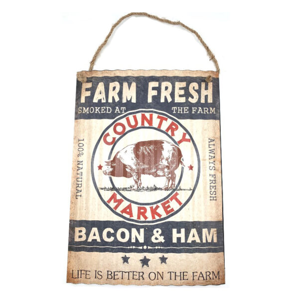 French Country Wall Art Tin Sign Farm Fresh Bacon and Ham Corrugated