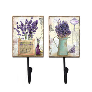 Country Metal Tin Sign Wall Art Set 2 Lavender Hooks Plaques