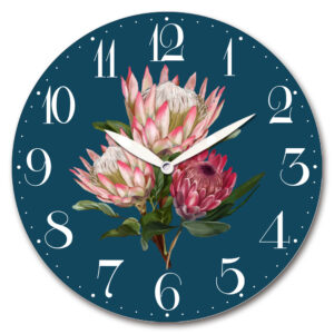 Clock Wall Hanging French Country Navy Protea Flowers 29cm