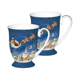 Elegant Kitchen Tea Coffee Christmas Santa Blue Mugs Cups Set of 2 Heart Box