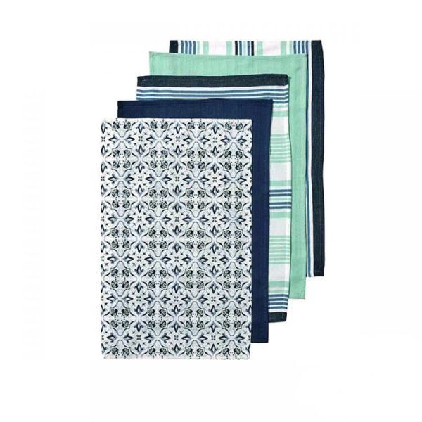 Ladelle Tile Kitchen Tea Towels Cotton Dish Cloths Navy Set of 5