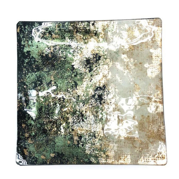 Printed Glass Decorative Plate Dish Polveri Green Gold Abstract Ornamental