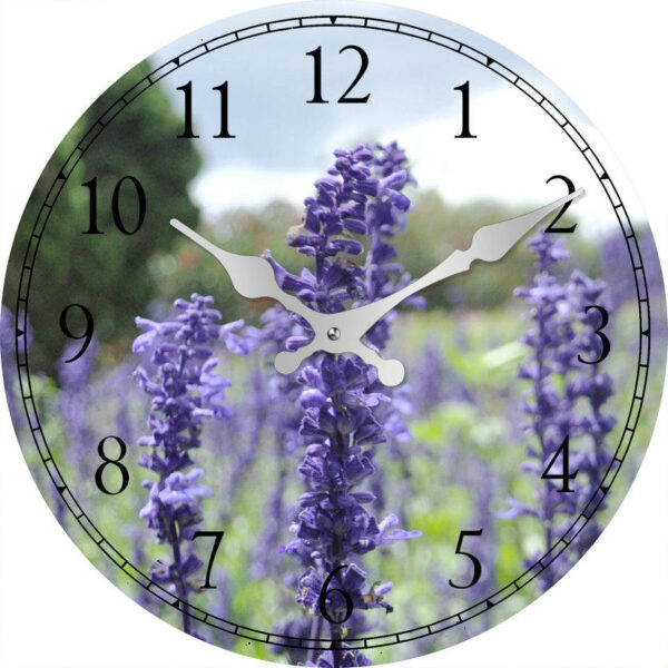 French Country Glass Wall Clock Small 17cm Lavender Flowers