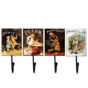 Country Metal Tin Sign Wall Art Set 4 Pears Vintage Hooks Plaques