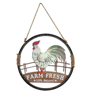 Country Metal Enamel and Wood Farm Fresh Rooster 50x50cm Plaque