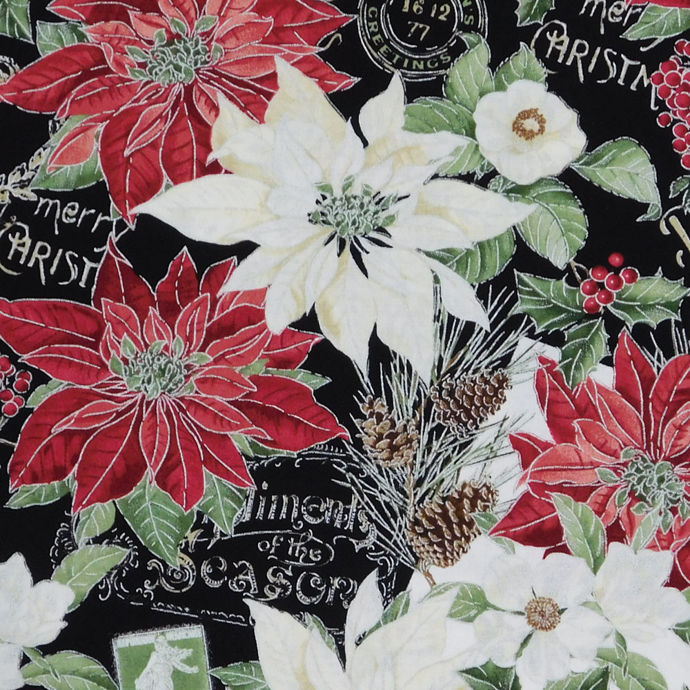Patchwork Quilting Sewing Fabric BLACK WITH METALLIC FLOWERS 50x55cm FQ New 