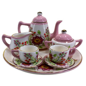 Kitchen Miniature Tea Set Pink Floral Cups Saucers Jug Plate Sugar Creamer
