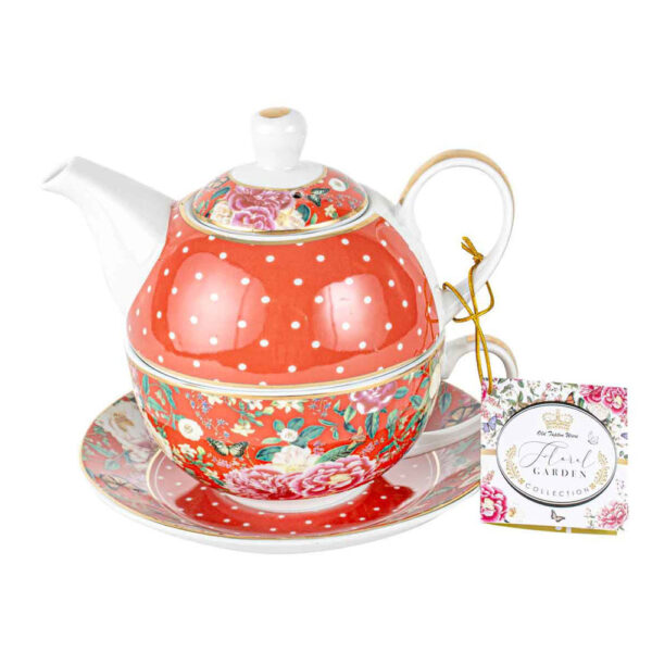 French Country Kitchen Tea For One Floral Garden Red Teapot