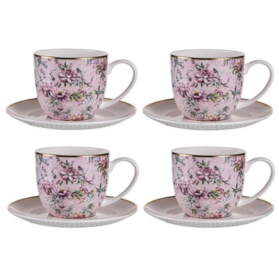 Elegant Chinoiserie Pink 4 Cups and Saucers Set Giftboxed