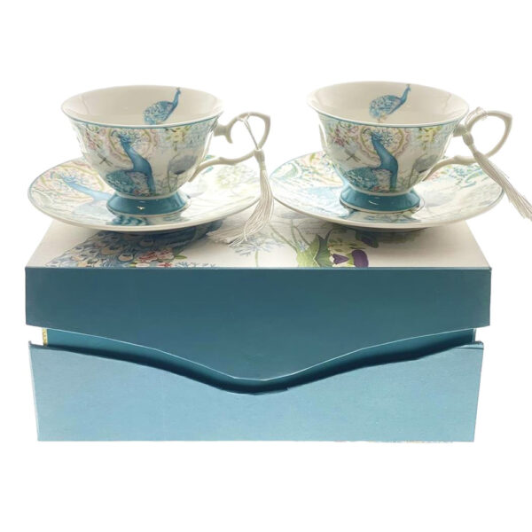 Elegant Kitchen Tea Cups and Saucers Peacock Set of 2 Giftboxed