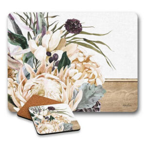 Kitchen Cork Backed Placemats AND Coasters White Protea Bouquet Set 6