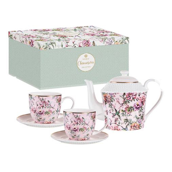 Elegant Chinoiserie Pink Teapot and 2 Cups and Saucers Set