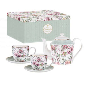Elegant Chinoiserie White Teapot and 2 Cups and Saucers Set
