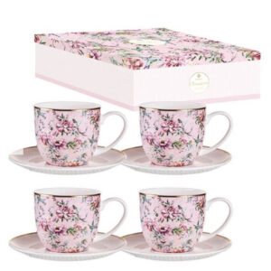 Elegant Chinoiserie Pink 4 Cups and Saucers Set Giftboxed