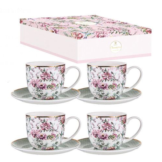 Elegant Chinoiserie White 4 Cups and Saucers Set Giftboxed