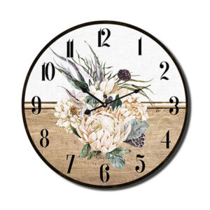 Clock Country Vintage Inspired Wall White Protea Brass 33cm