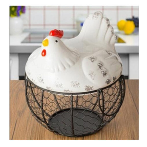 French Country Kitchen Chicken Egg Holder Ceramic and Wire