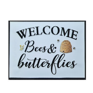 Country Metal Enamel Farmhouse Sign Welcome Bees Butterflies Plaque