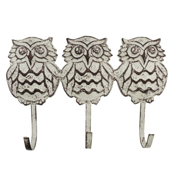 Vintage Wall Art Keys Hooks Owls Triple Whitewash Wrought Iron