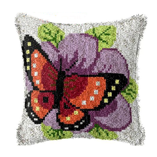 Crafting Kit Latch Hook Cushion Butterfly Purple Flower with Hook Threads