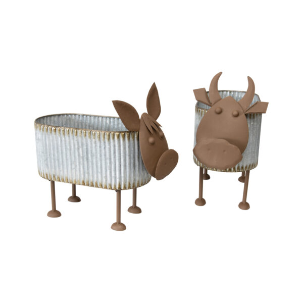 French Country Vintage Look Galvanized Cows Set 2 Plant Holders