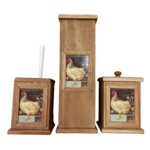Country Timber Wooden 3 Piece Toilet Bathroom Set Box Chicken