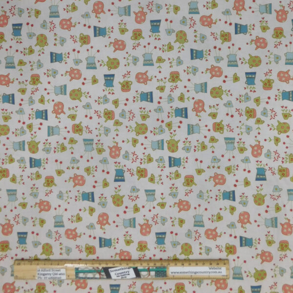 Quilting Patchwork Sewing Fabric Blume & Grow Floral Teapots on Cream 50x55cm FQ