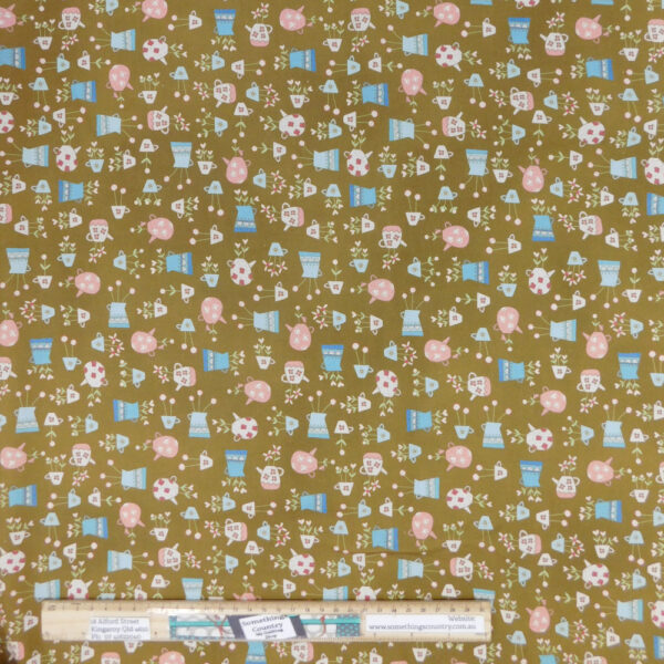 Quilting Patchwork Sewing Fabric Blume & Grow Floral Teapots on Khaki 50x55cm FQ