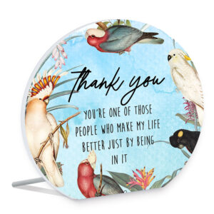 Country Parrots Blue Thank You Round Wooden Standing Sign