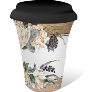 French Country Travel Tea Coffee Mug White Protea Brass
