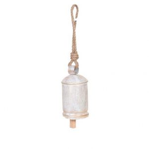 French Country Rustic Large Brass Whitewash Cow Bell with Rope