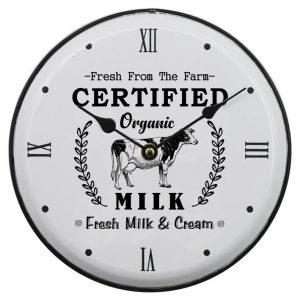 French Country Retro Wall Clock 29cm Organic Milk and Cream Cow