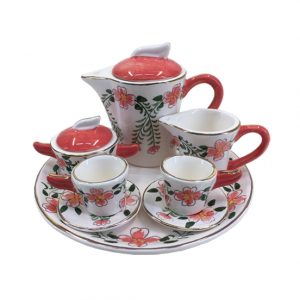 Kitchen Miniature Tea Set Red Cups Saucers Jug Plate Sugar Creamer