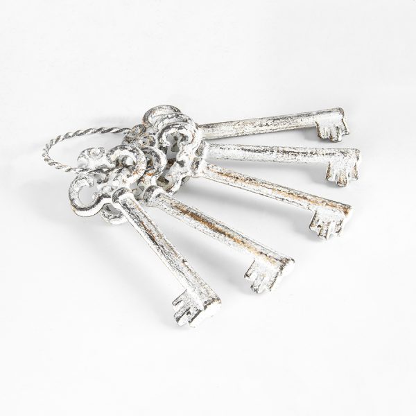 French Country Vintage Look Antique White Metal Set of Keys on Ring