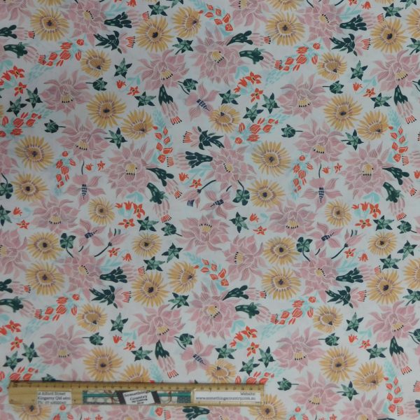 Quilting Patchwork Cotton Sewing Fabric Pink Yellow Flowers 1 Meter