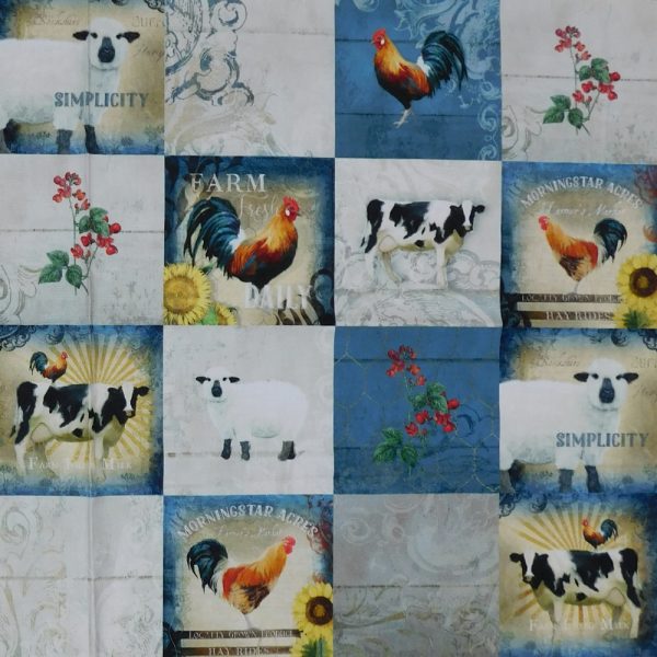 Patchwork Quilting Fabric Farm Fresh Rooster Squares Panel 62x110cm