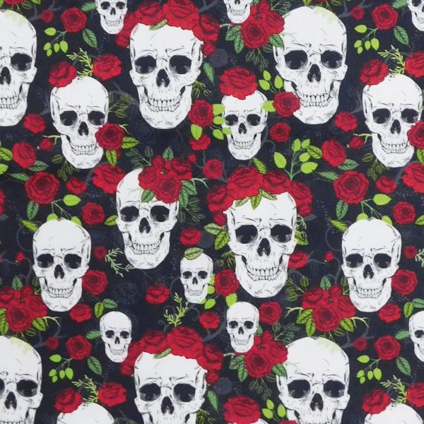 Patchwork Quilting Sewing Fabric Skulls and Roses Allover 50x55cm FQ