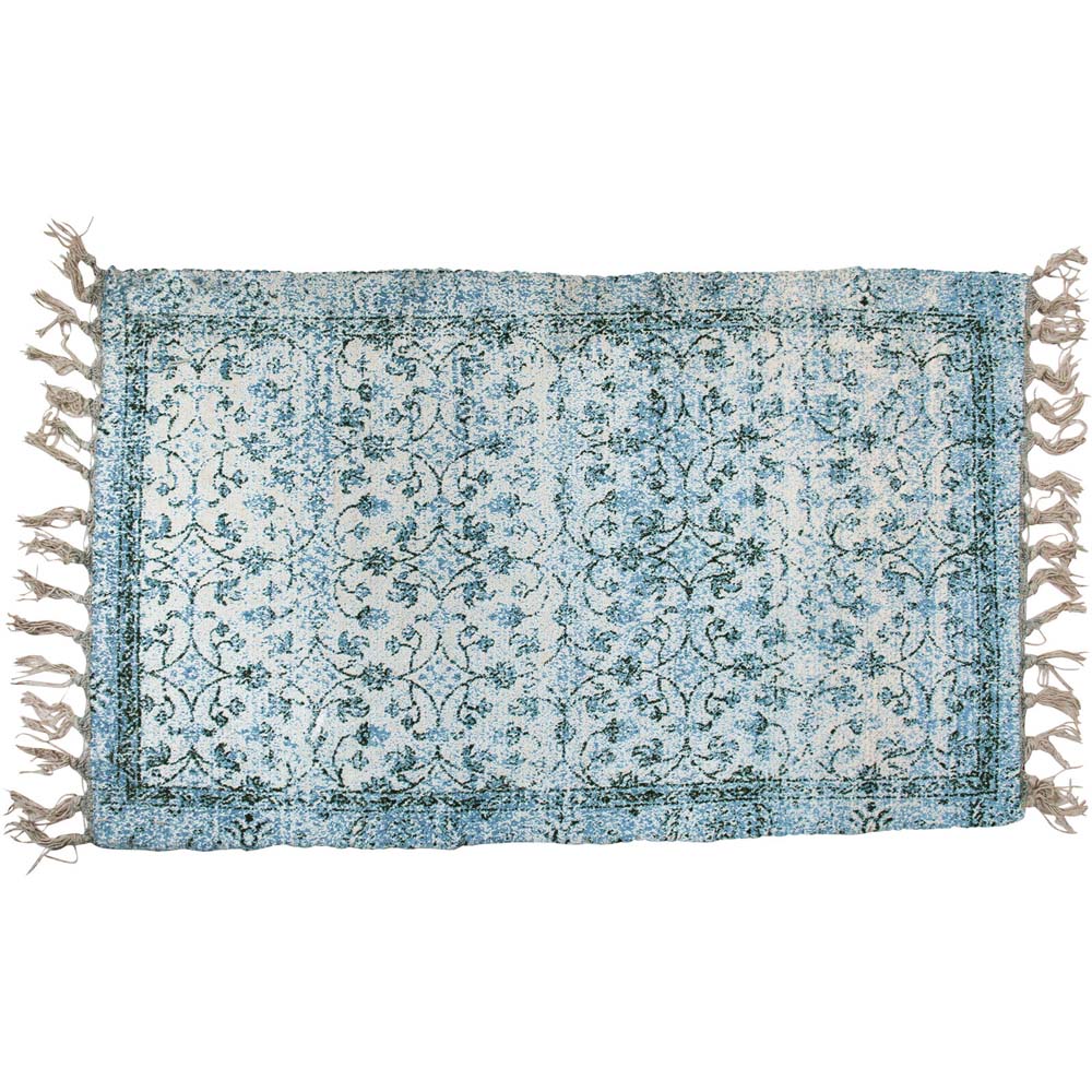French Country Floor Mat Rectangle Chenille Wash Olive Blue 50x90cm