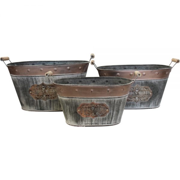 French Country Vintage Look Metal Herb Planters Set 3 Plant Pots Oval