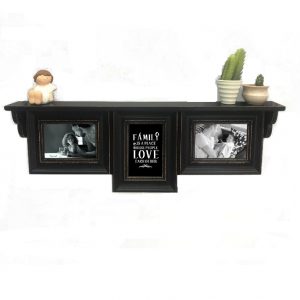 French Country Rustic Wooden Black Triple Frame and Shelf